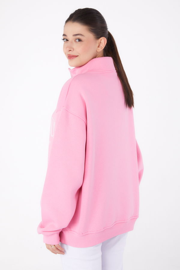 Düz Yarım Balıkçı Yaka Kadın Pembe Fermuarlı Baskılı Sweatshirt - 26384