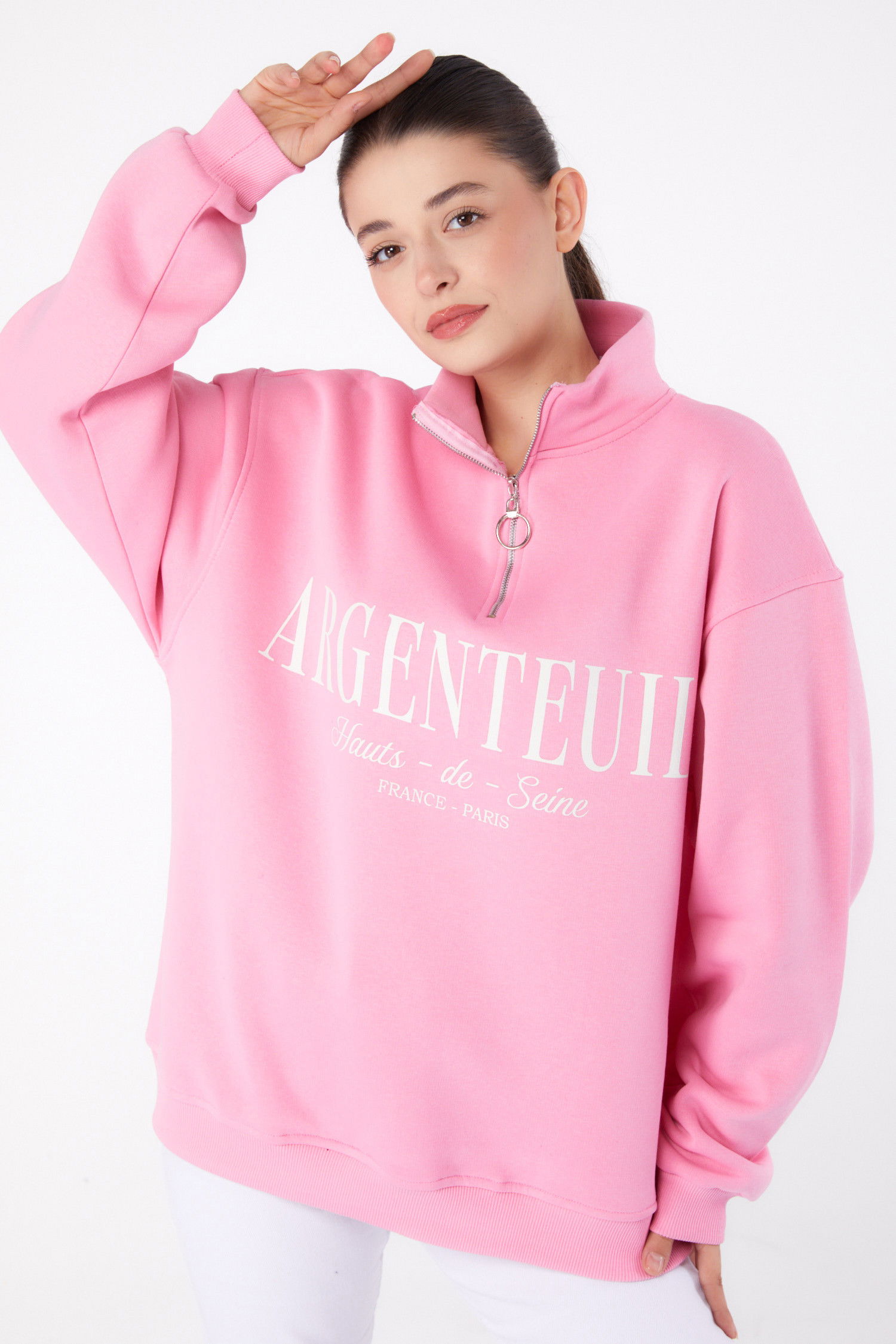 Düz Yarım Balıkçı Yaka Kadın Pembe Fermuarlı Baskılı Sweatshirt - 26384