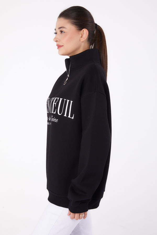 Düz Yarım Balıkçı Yaka Kadın Siyah Fermuarlı Baskılı Sweatshirt - 26384 SİYAH
