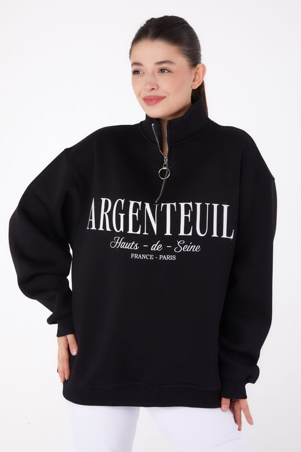 Düz Yarım Balıkçı Yaka Kadın Siyah Fermuarlı Baskılı Sweatshirt - 26384 SİYAH