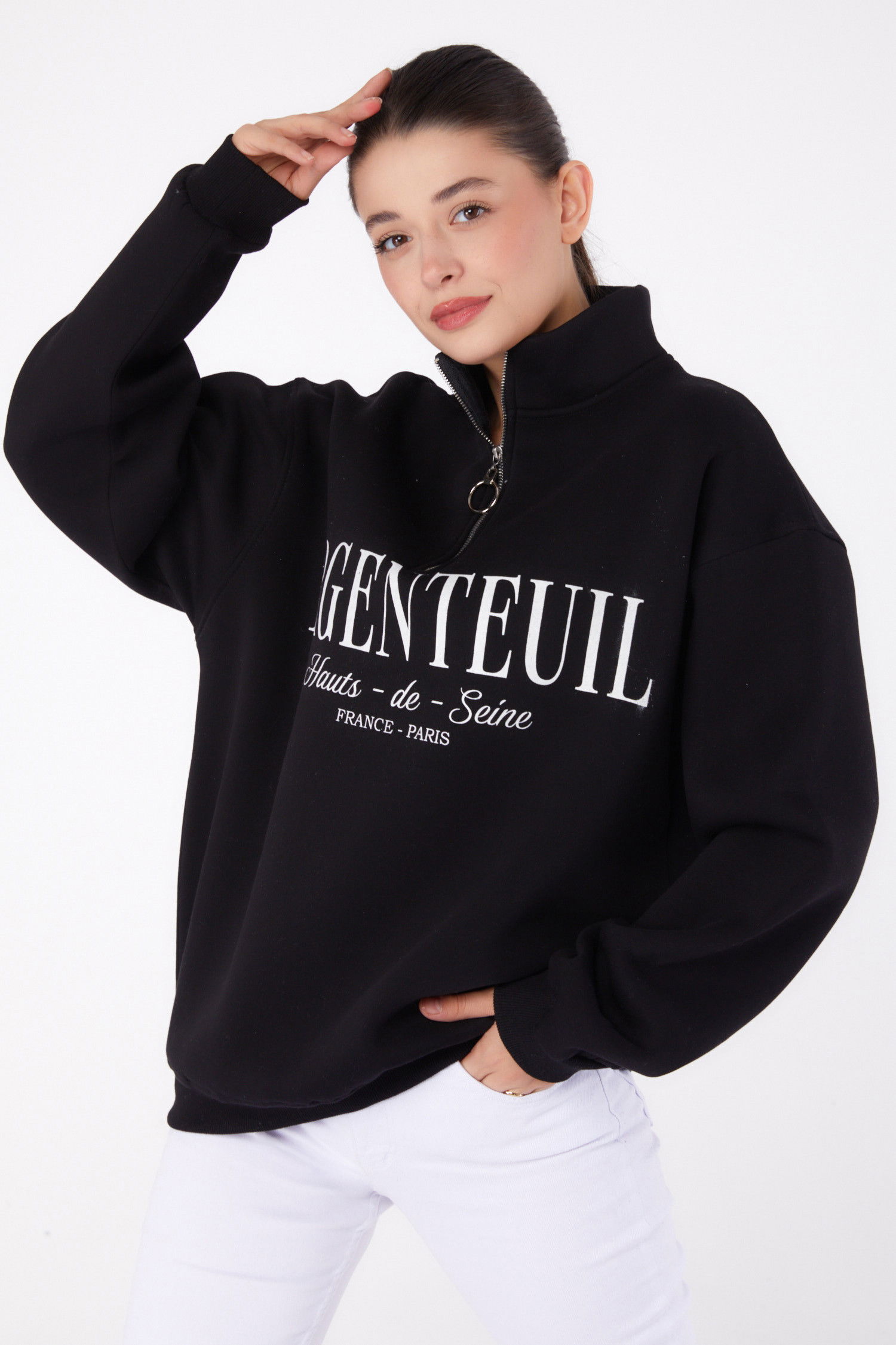 Düz Yarım Balıkçı Yaka Kadın Siyah Fermuarlı Baskılı Sweatshirt - 26384 SİYAH
