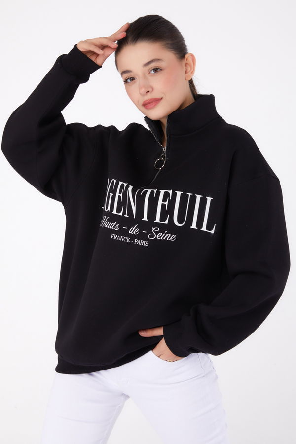 Düz Yarım Balıkçı Yaka Kadın Siyah Fermuarlı Baskılı Sweatshirt - 26384 SİYAH
