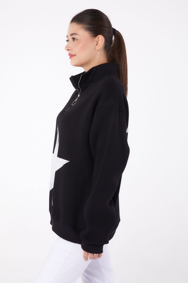 Düz Yarım Balıkçı Yaka Kadın Siyah Fermuarlı Baskılı Sweatshirt - 26385 SİYAH