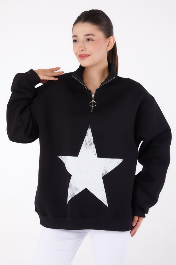 Düz Yarım Balıkçı Yaka Kadın Siyah Fermuarlı Baskılı Sweatshirt - 26385 SİYAH