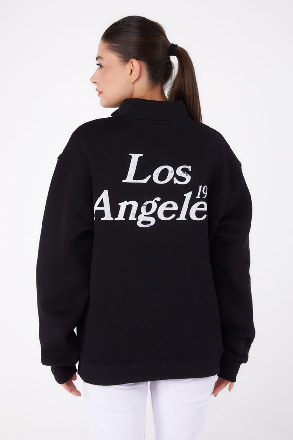 Düz Yarım Balıkçı Yaka Kadın Siyah Fermuarlı Baskılı Sweatshirt - 26385 SİYAH