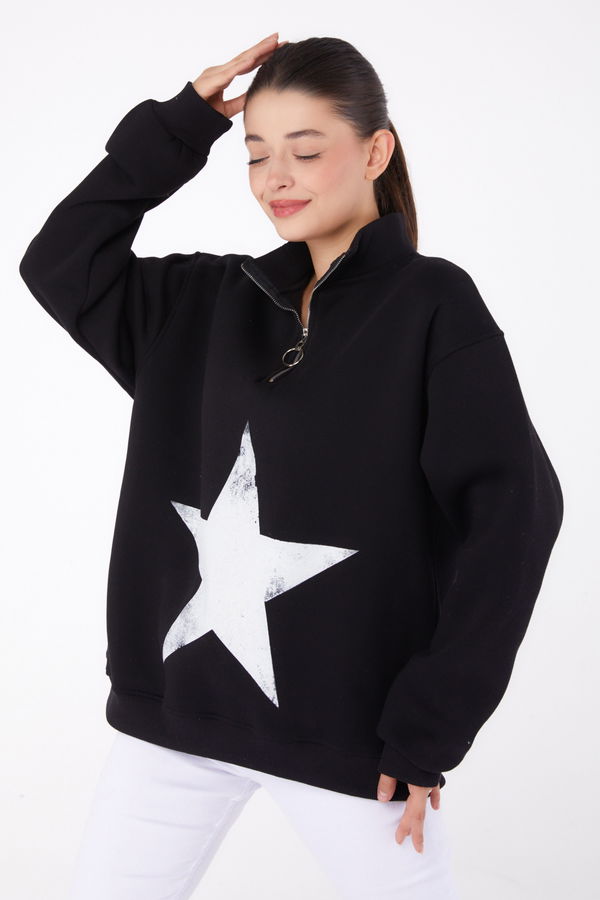 Düz Yarım Balıkçı Yaka Kadın Siyah Fermuarlı Baskılı Sweatshirt - 26385 SİYAH