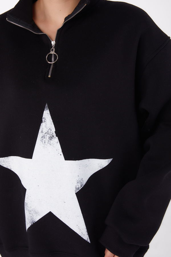 Düz Yarım Balıkçı Yaka Kadın Siyah Fermuarlı Baskılı Sweatshirt - 26385 SİYAH
