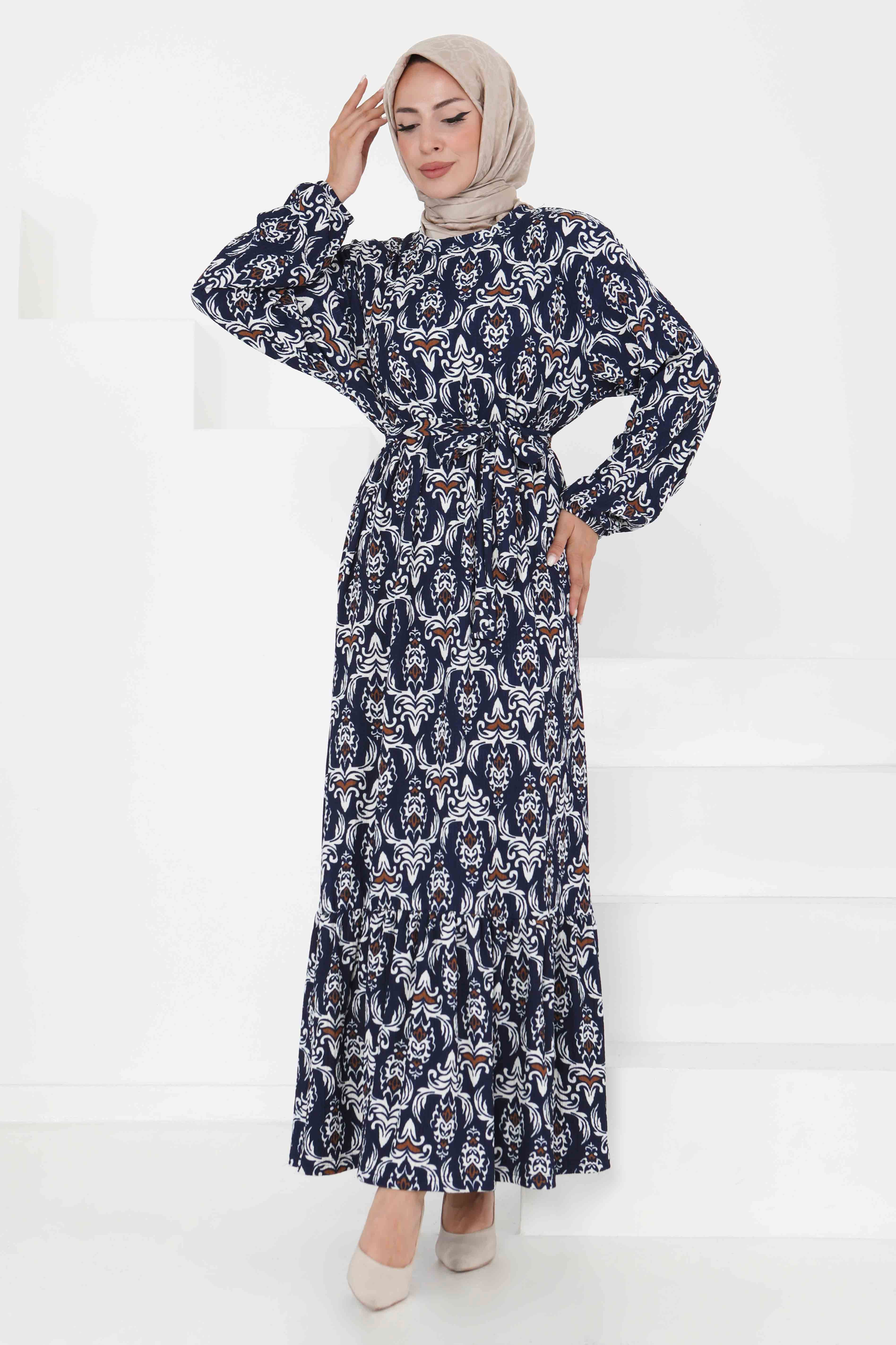 Desenli Kuşaklı Elbise - 27365 LACİVERT