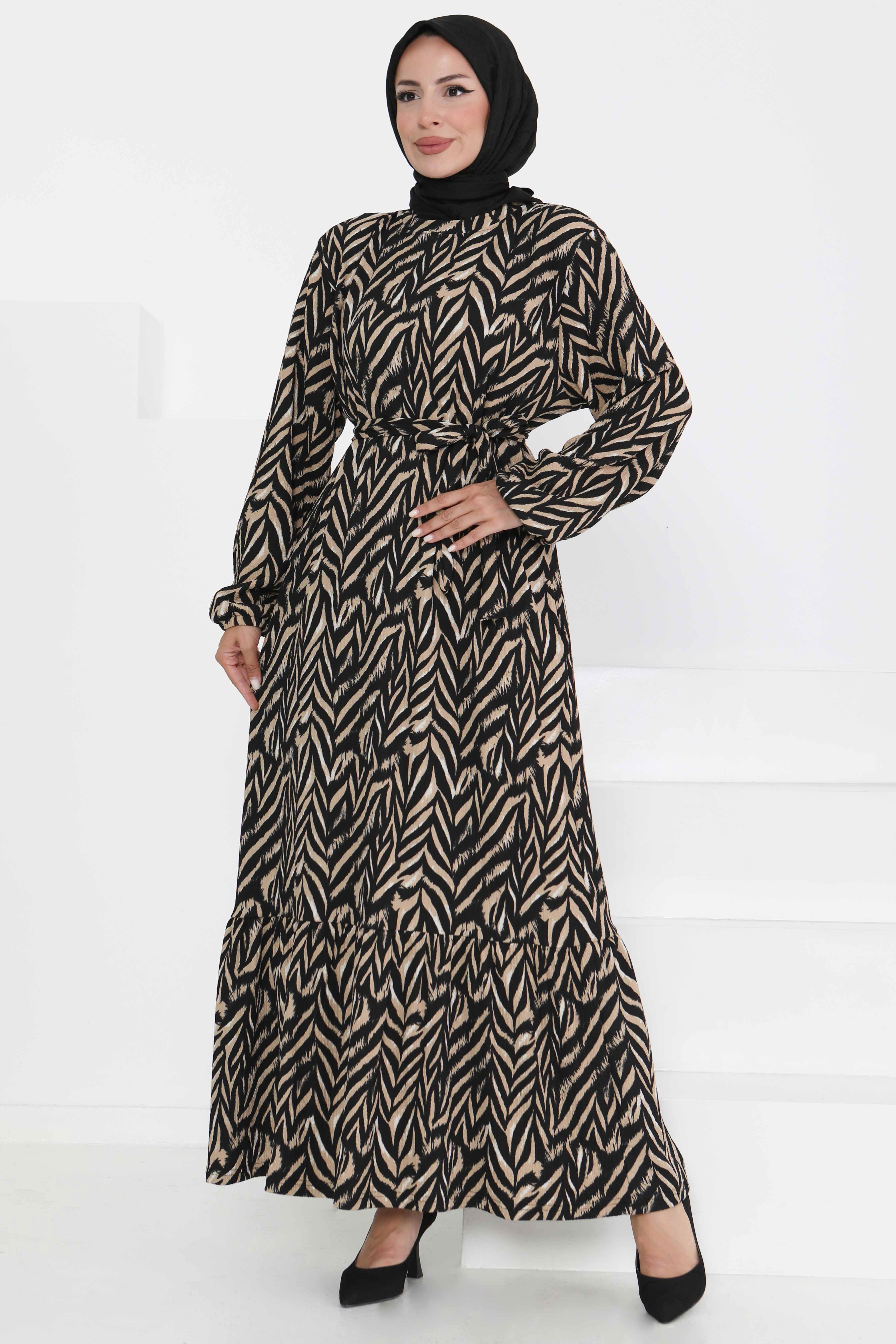 Desenli Kuşaklı Elbise - 27363 BEJ