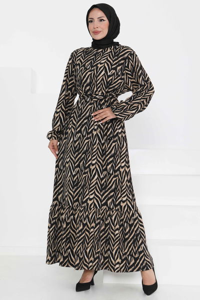 Desenli Kuşaklı Elbise - 27363 BEJ