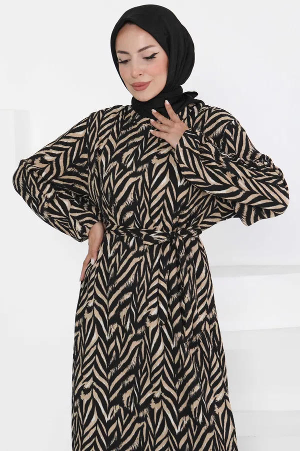 Desenli Kuşaklı Elbise - 27363 BEJ