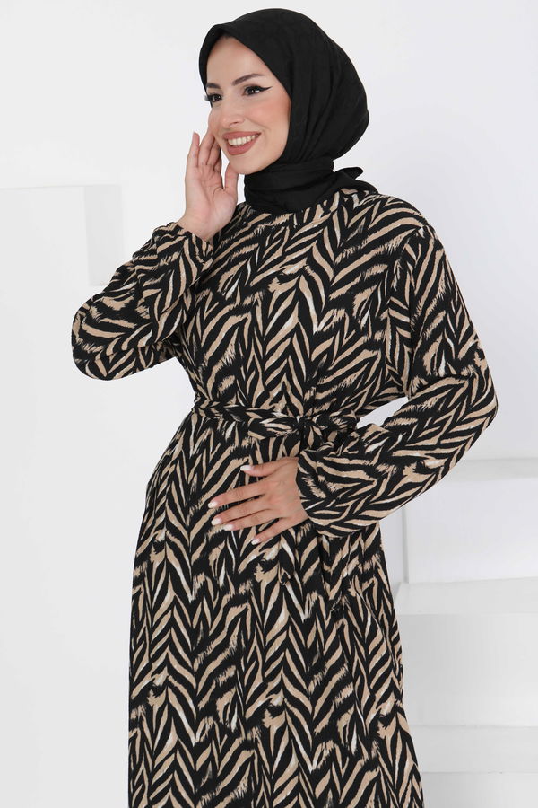 Desenli Kuşaklı Elbise - 27363 BEJ