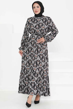 Desenli Kuşaklı Elbise - 27365