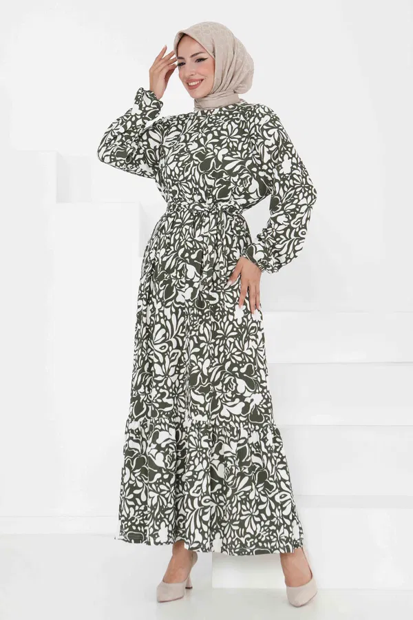 Desenli Kuşaklı Elbise - 27366 HAKİ