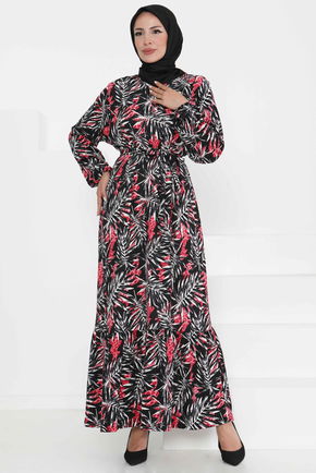 Desenli Kuşaklı Elbise - 27364