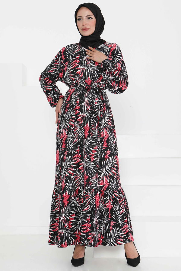 Desenli Kuşaklı Elbise - 27364 FUŞYA
