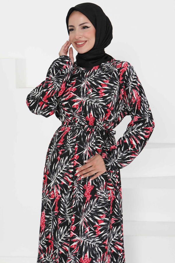 Desenli Kuşaklı Elbise - 27364 FUŞYA