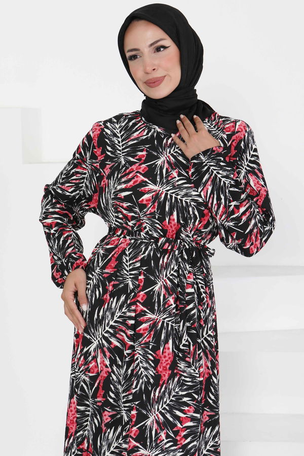 Desenli Kuşaklı Elbise - 27364 FUŞYA