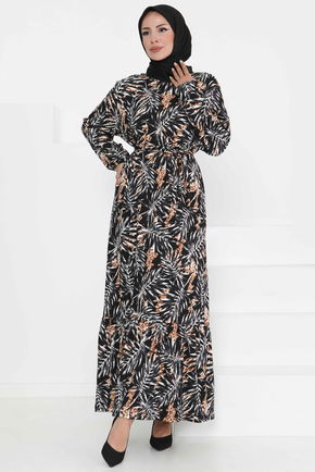 Desenli Kuşaklı Elbise - 27364