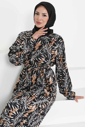 Desenli Kuşaklı Elbise - 27364