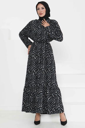 Desenli Kuşaklı Elbise - 27363