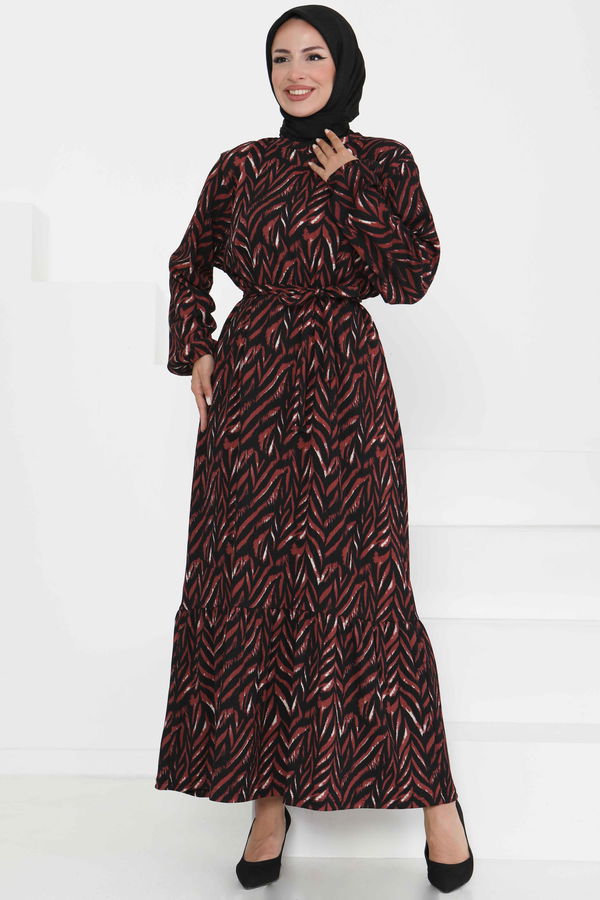 Desenli Kuşaklı Elbise - 27363 BORDO