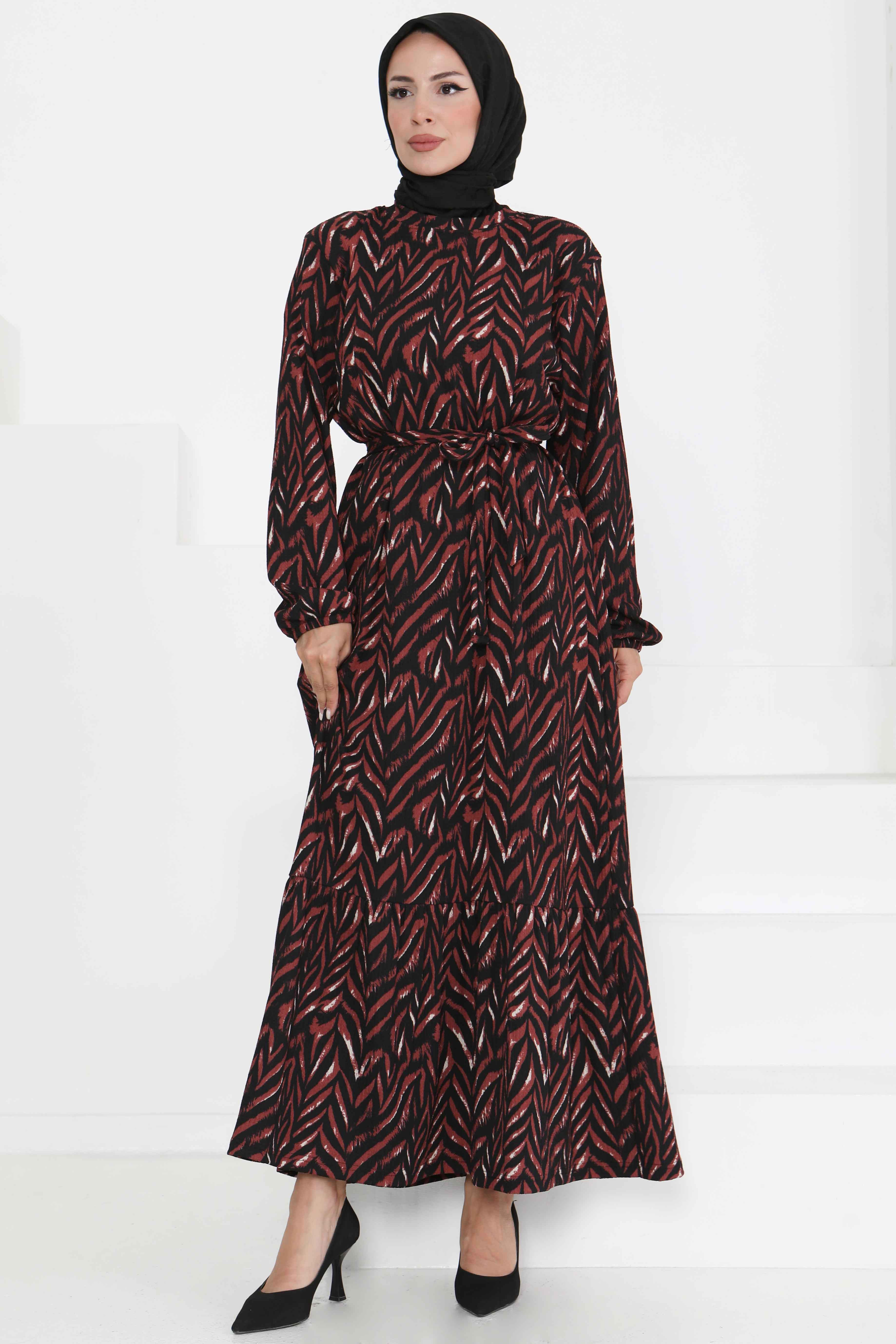 Desenli Kuşaklı Elbise - 27363 BORDO