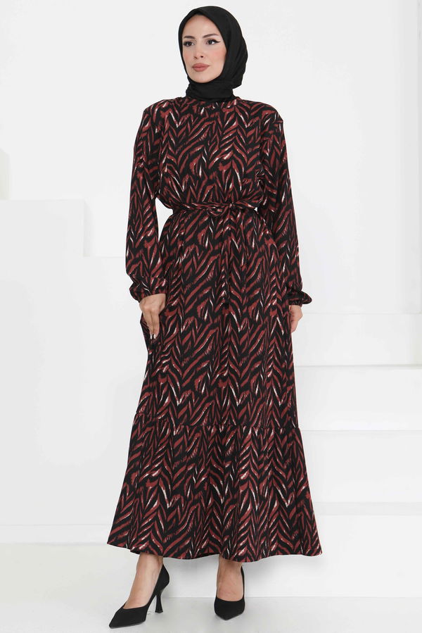 Desenli Kuşaklı Elbise - 27363 BORDO