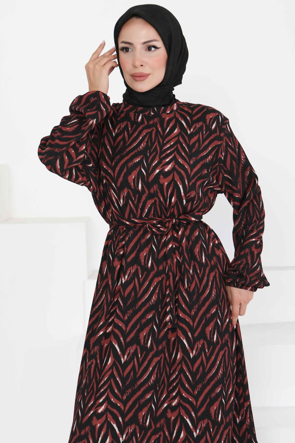 Desenli Kuşaklı Elbise - 27363 BORDO