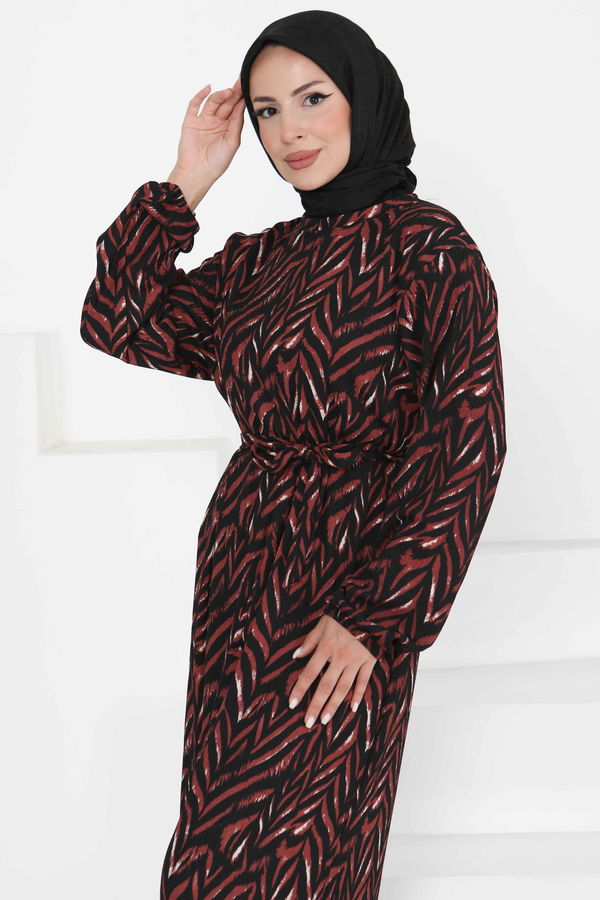 Desenli Kuşaklı Elbise - 27363 BORDO