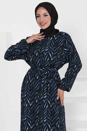 Desenli Kuşaklı Elbise - 27363