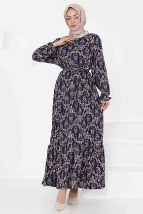 Desenli Kuşaklı Elbise - 27365