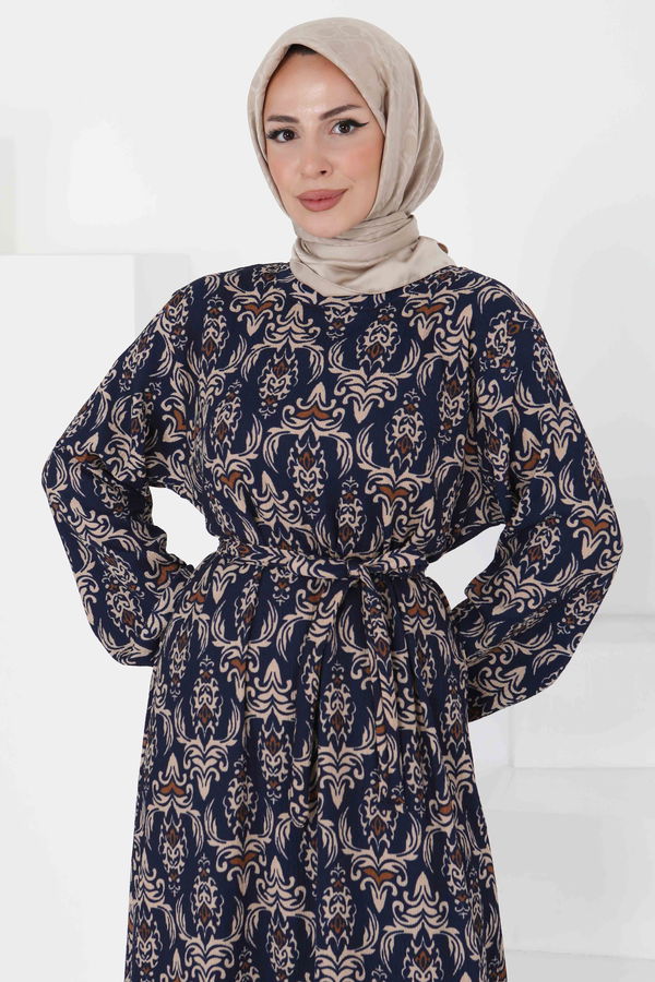 Desenli Kuşaklı Elbise - 27365 LACİVERT