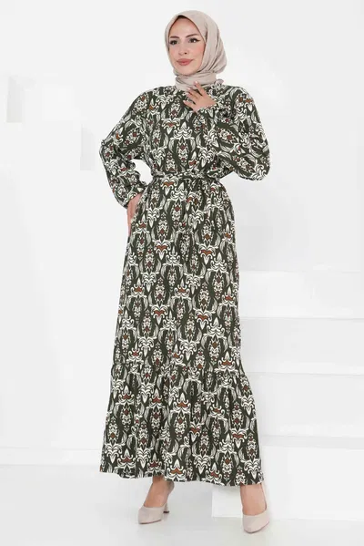 Desenli Kuşaklı Elbise - 27365 HAKİ
