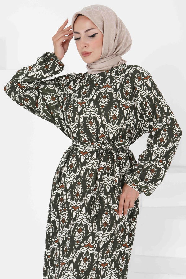 Desenli Kuşaklı Elbise - 27365 HAKİ