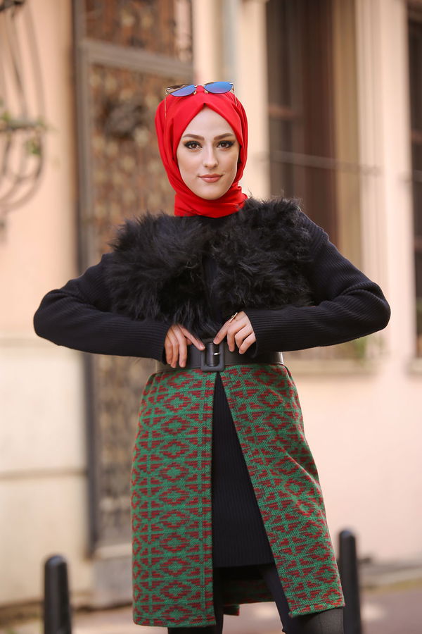 8349 KAŞE KÜRKLÜ YELEK Yeşil - 8349 YEŞİL