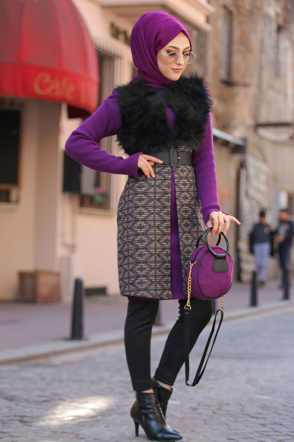 8349 KAŞE KÜRKLÜ YELEK Mor - 8349