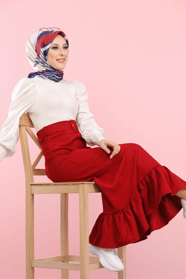 Kadife Etek Kemer Haki Bordo - 8293