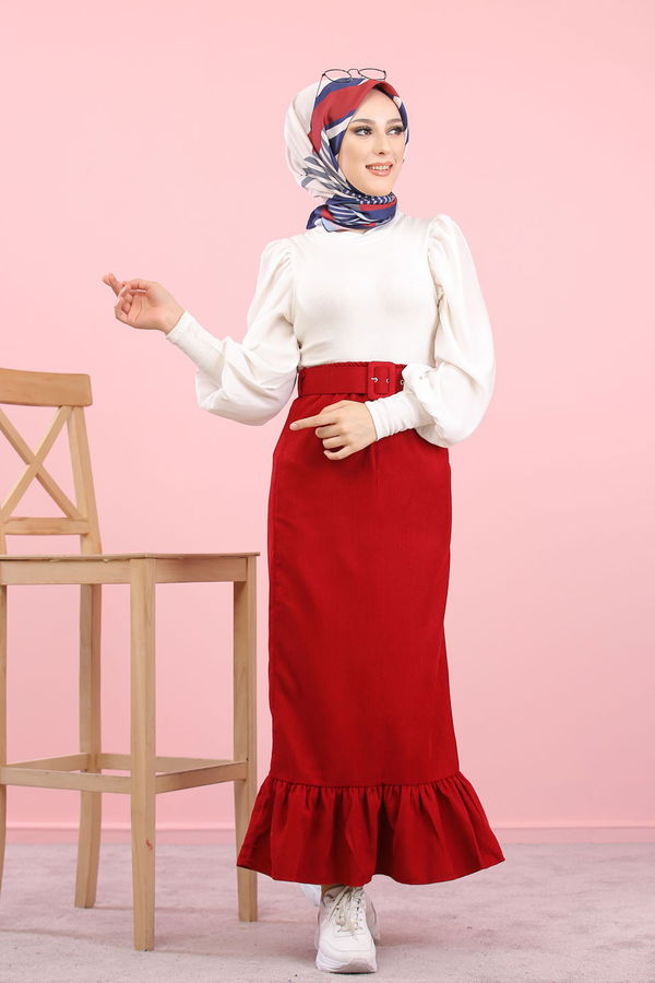 Kadife Etek Kemer Haki Bordo - 8293