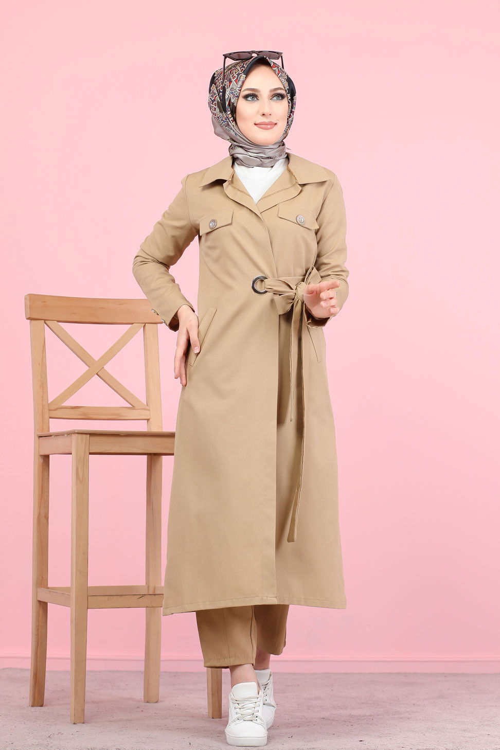 3044 KUŞ GÖZLÜ UZUN GÖMLEK Bej - 3044 BEJ