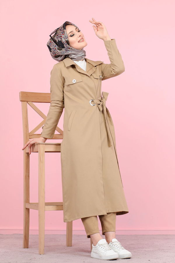 3044 KUŞ GÖZLÜ UZUN GÖMLEK Bej - 3044 BEJ