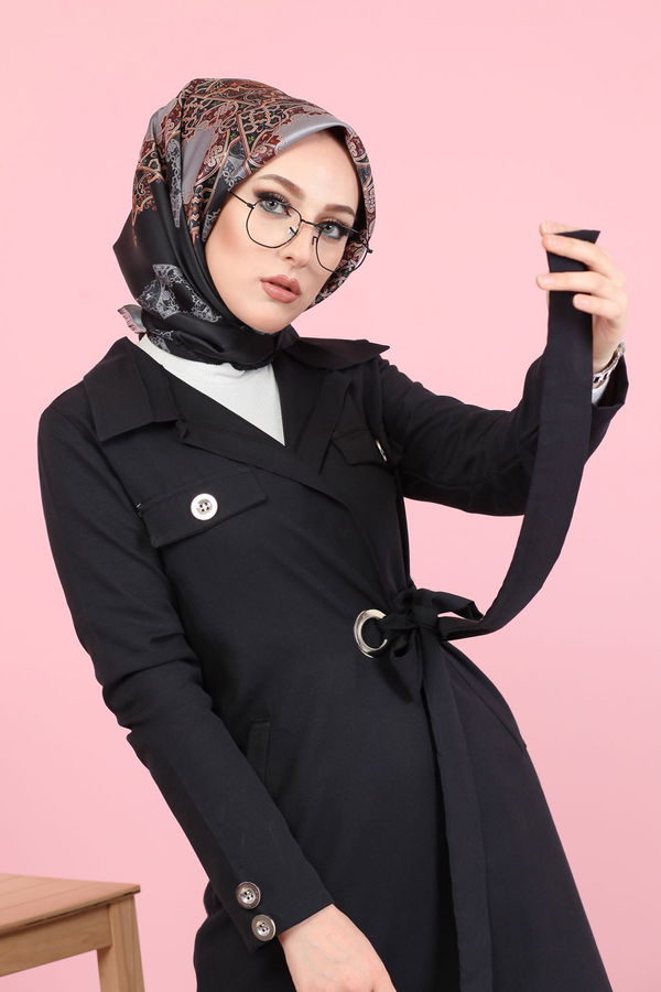 3044 KUŞ GÖZLÜ UZUN GÖMLEK Siyah - 3044