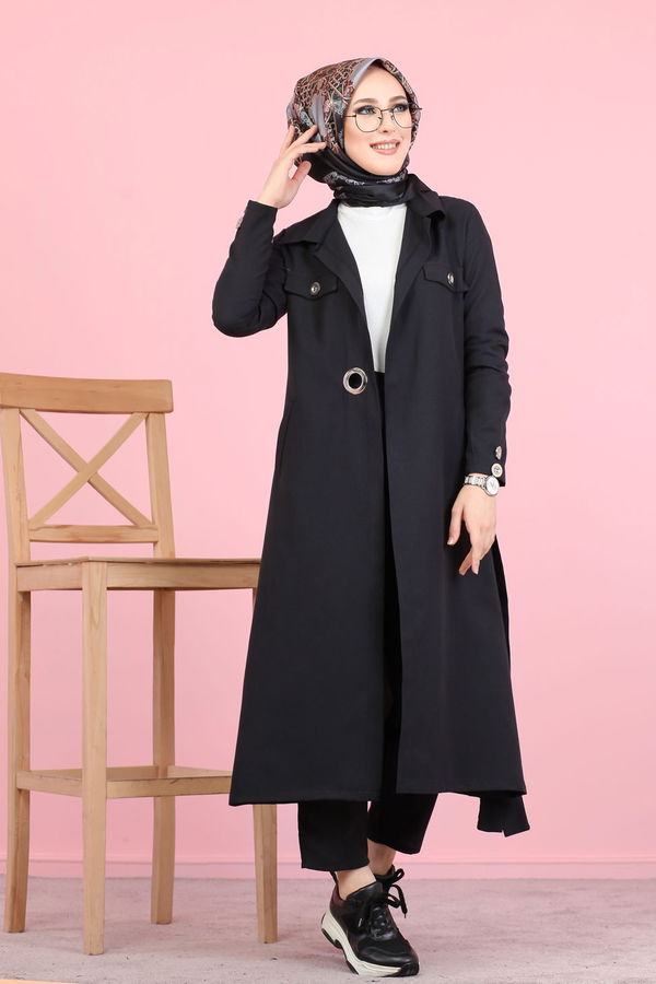 3044 KUŞ GÖZLÜ UZUN GÖMLEK Siyah - 3044