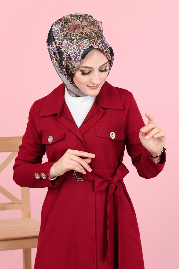 3044 KUŞ GÖZLÜ UZUN GÖMLEK Bordo - 3044 BORDO