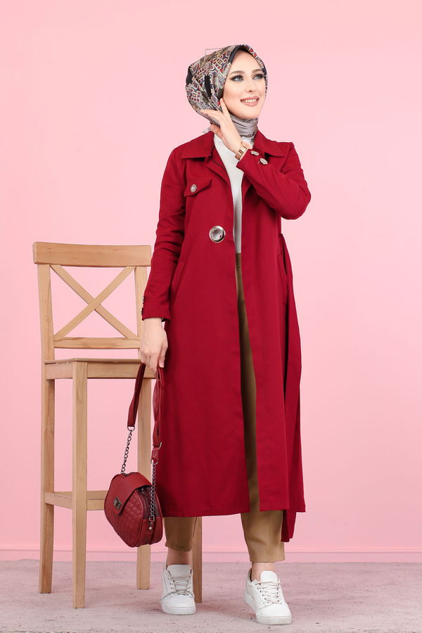 3044 KUŞ GÖZLÜ UZUN GÖMLEK Bordo - 3044 BORDO