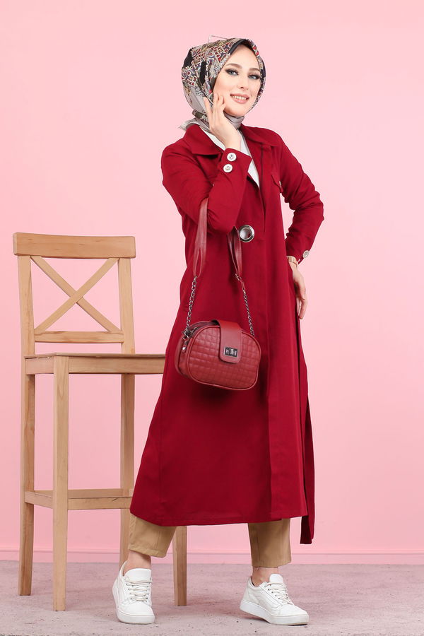 3044 KUŞ GÖZLÜ UZUN GÖMLEK Bordo - 3044 BORDO