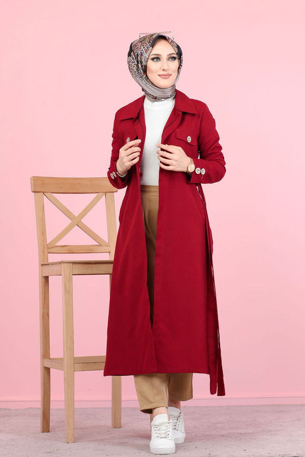 3044 KUŞ GÖZLÜ UZUN GÖMLEK Bordo - 3044 BORDO