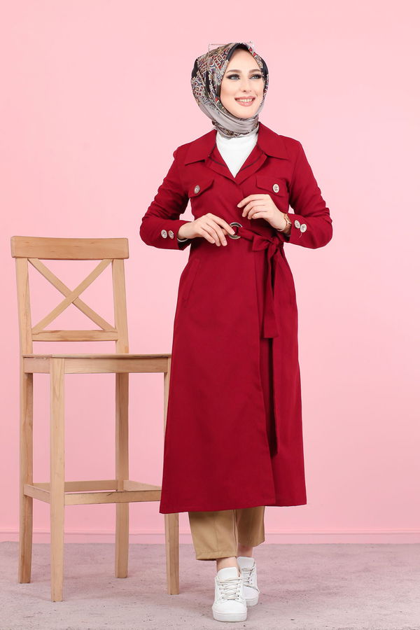 3044 KUŞ GÖZLÜ UZUN GÖMLEK Bordo - 3044 BORDO