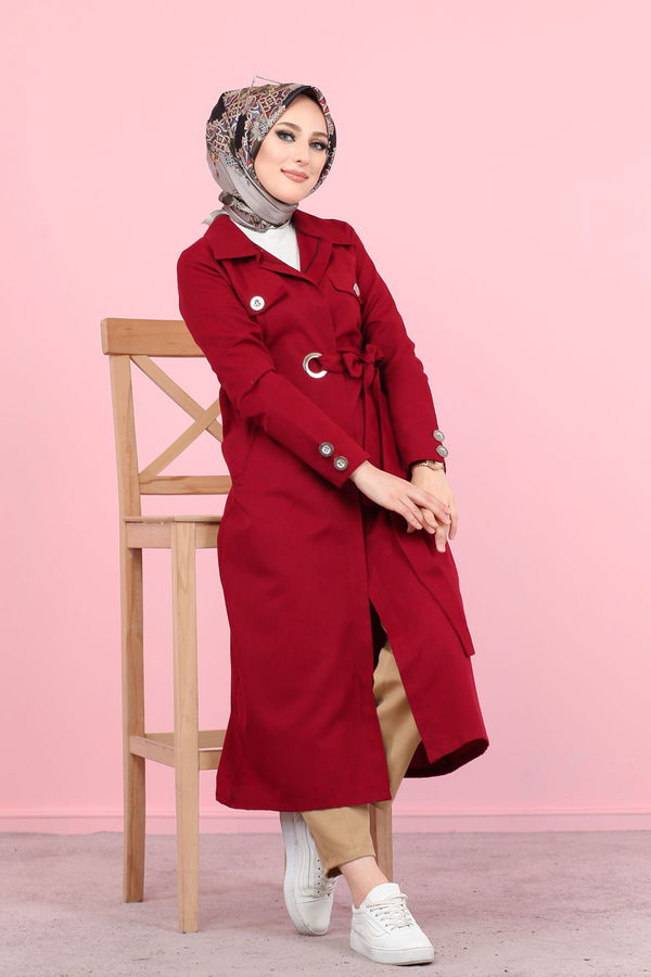 3044 KUŞ GÖZLÜ UZUN GÖMLEK Bordo - 3044 BORDO