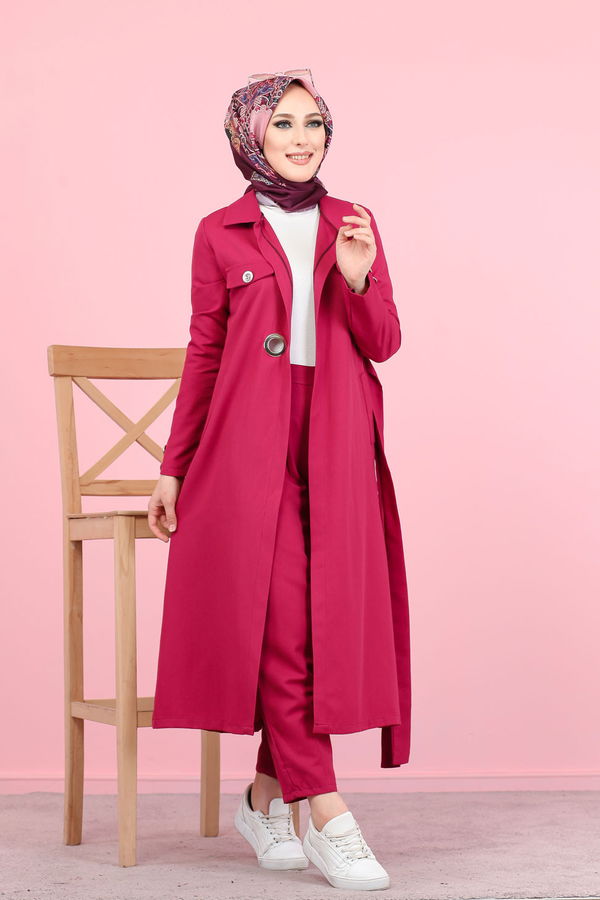 3044 KUŞ GÖZLÜ UZUN GÖMLEK Fuşya - 3044
